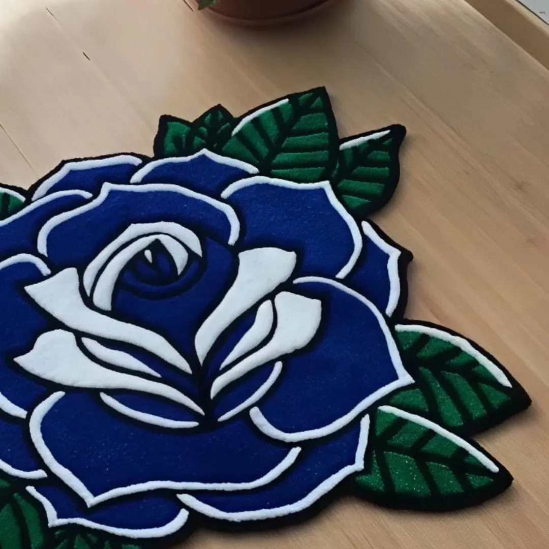 Luna Rose Tattoo Rug Elegant blue rose rug with artistic white accents – Luna Rose hand-tufted statement rug