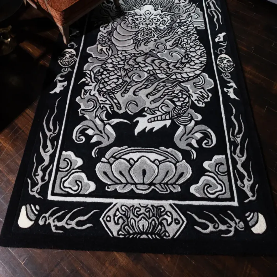 Lunar Viper Inked Rug Black and gray dragon tattoo art rug – Lunar Viper wool area rug by Sneagear