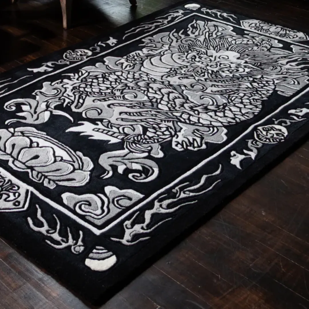 Lunar Viper Rug Lunar Viper Rug featuring monochrome dragon design – hand-tufted wool tattoo rug by Sneagear