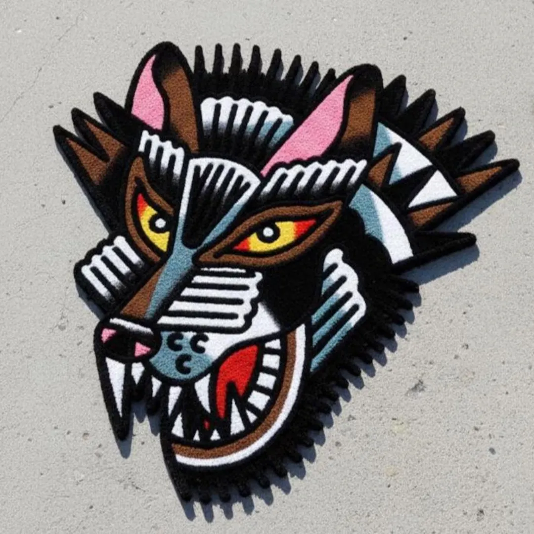 Lunar Wolf Rug Lunar Wolf Rug featuring fierce wolf head tattoo design – handmade art rug by Sneagear