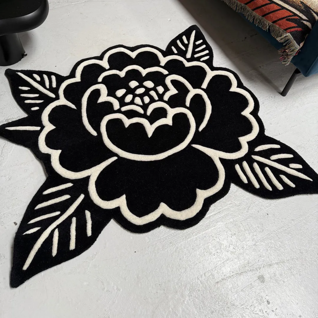 Midnight Bloom Inked Rug Modern floral rug with monochrome flower pattern – Midnight Bloom Rug
