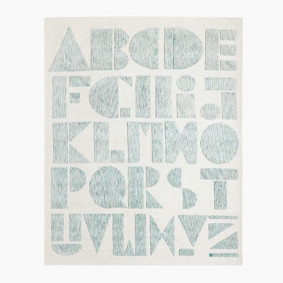 Minted Letters Rug Minted Letters Area Rug featuring playful alphabet pattern in mint green on an ivory base – hand-tufted wool rug by Sneagear