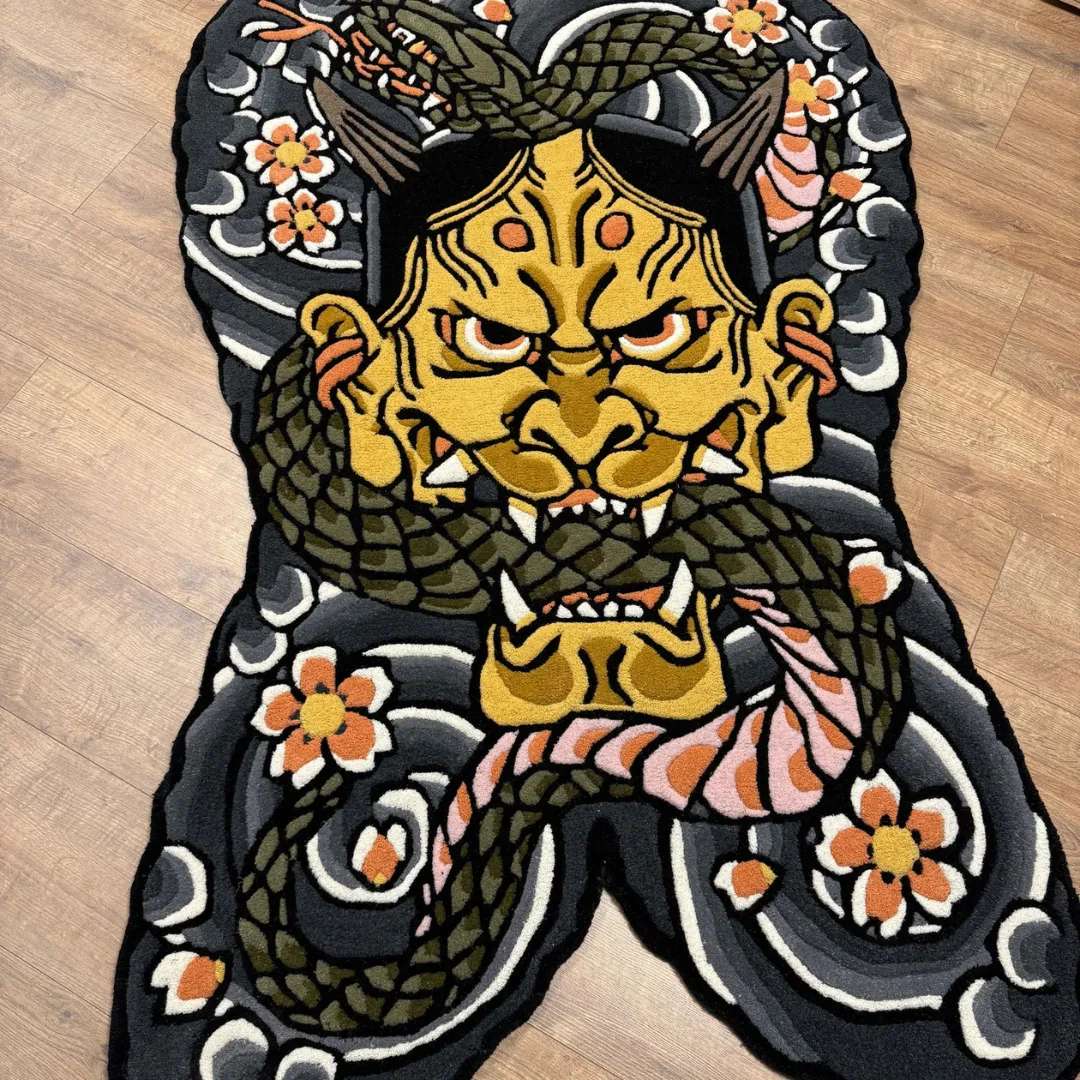 Oni Rug Bold Japanese tattoo-inspired rug with demon mask and flower motifs – Oni Bloom by Sneagear