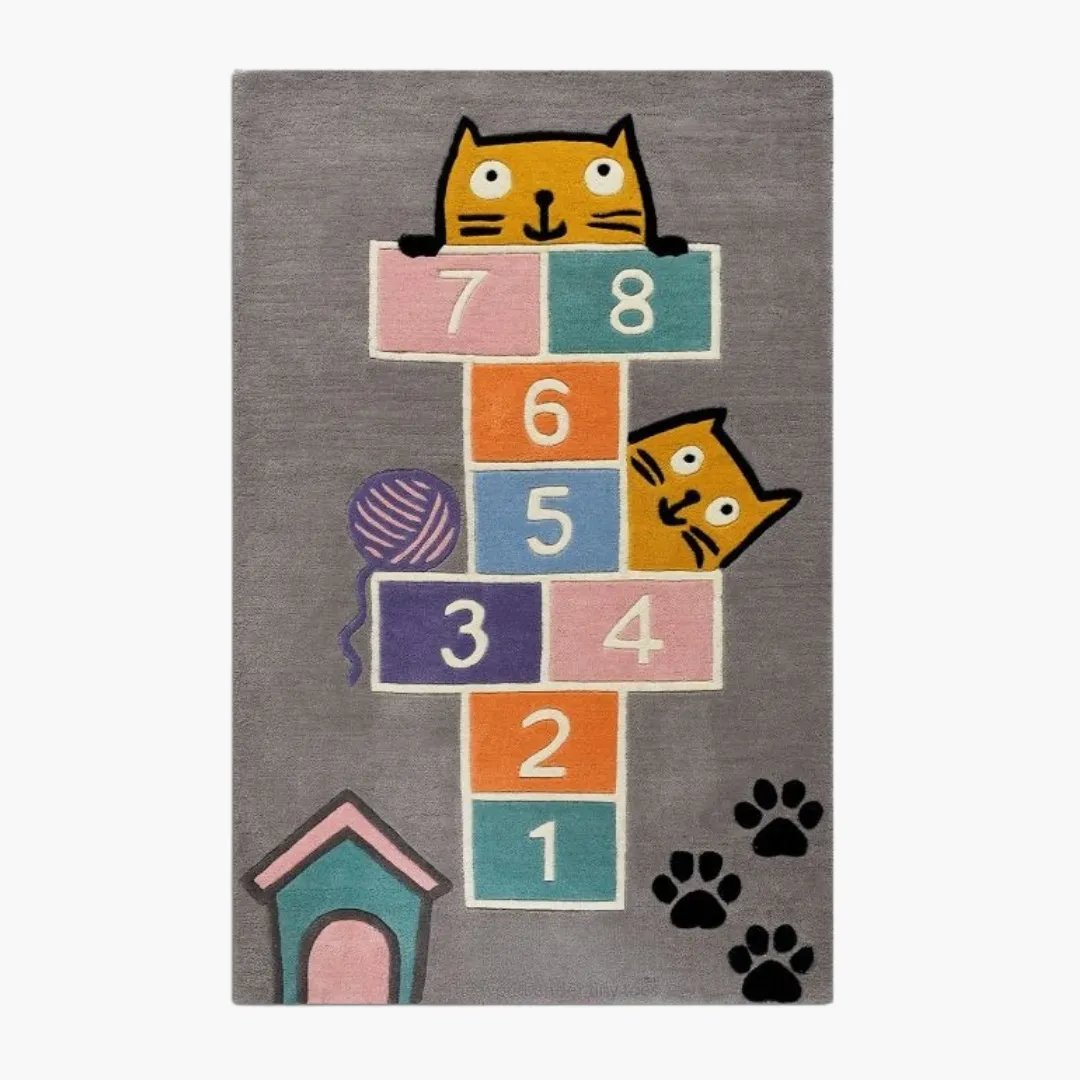 Paw Hop Playground Rug Paw Hop Playground Rug featuring colorful hopscotch blocks and playful cats – hand-tufted wool rug by Sneagear