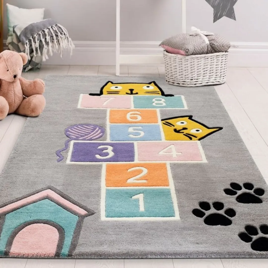 Paw Hop Rug Kids’ hopscotch rug with cat and paw print design – Paw Hop Playground wool area rug