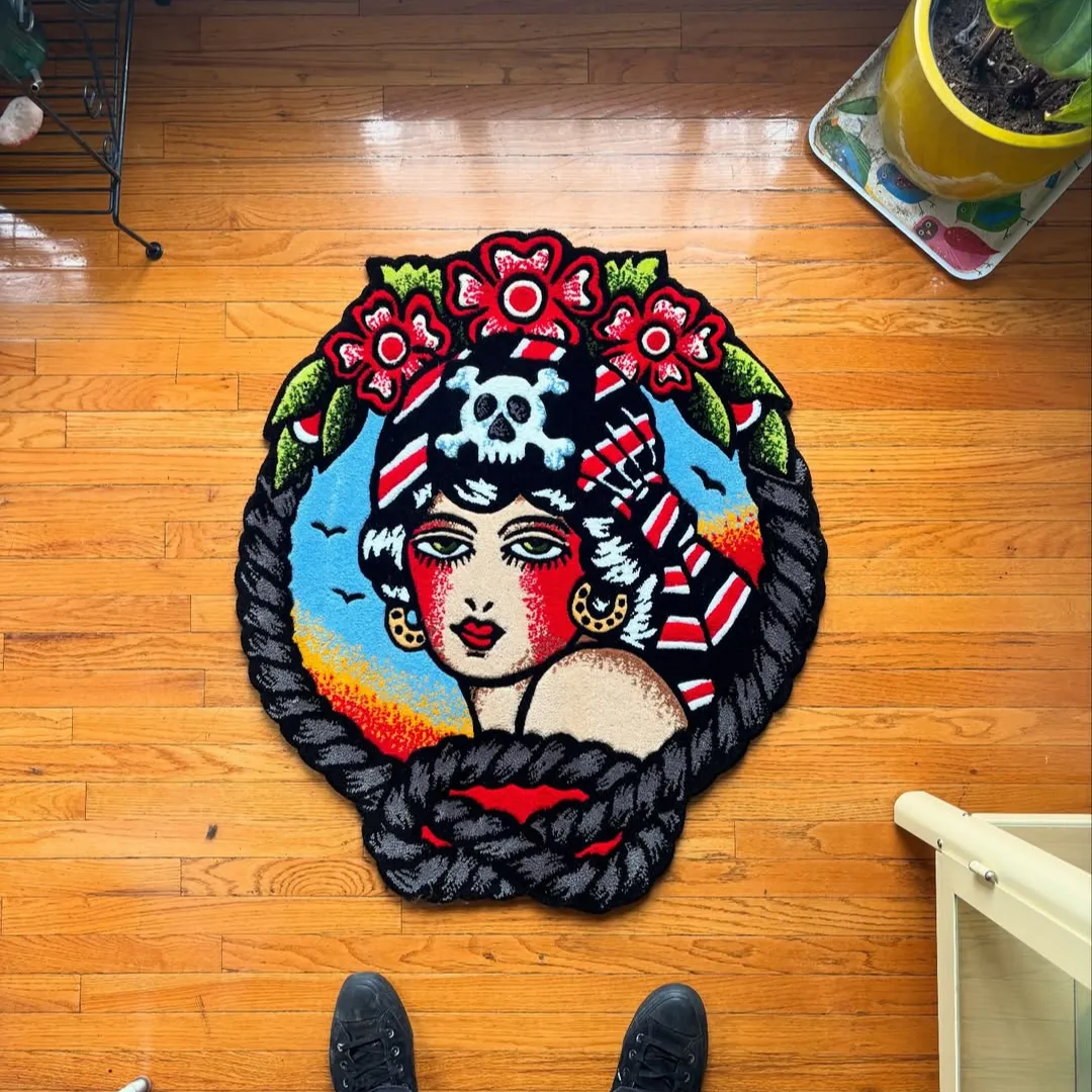 Rebel Tide Inked Rug Bold tattoo art rug with pirate woman, skull, and floral details – Rebel Tide Rug