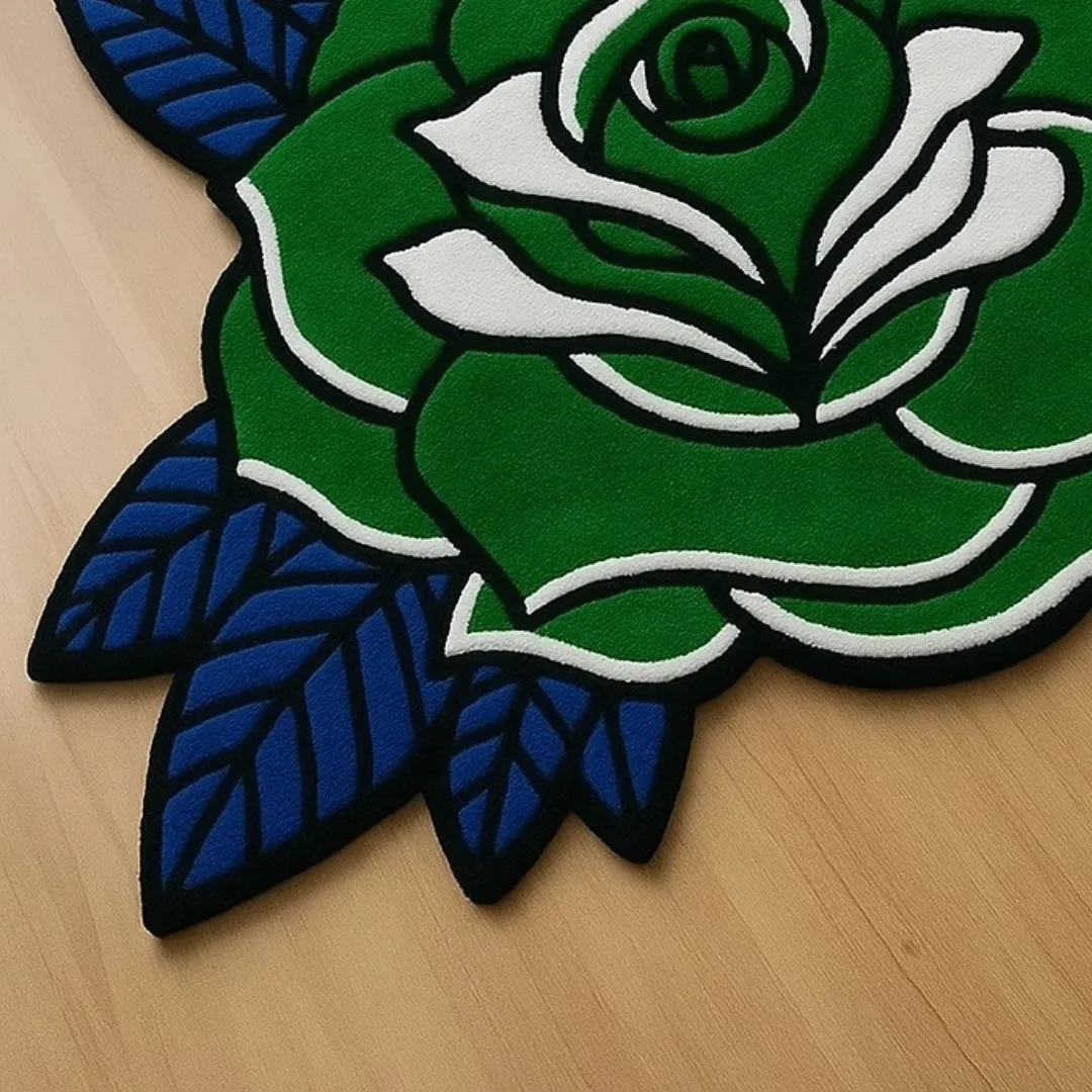 Sage Thorne Tattoo Rug Floral-inspired Sage Thorne Rug – hand-tufted green rose rug with blue leaf accents