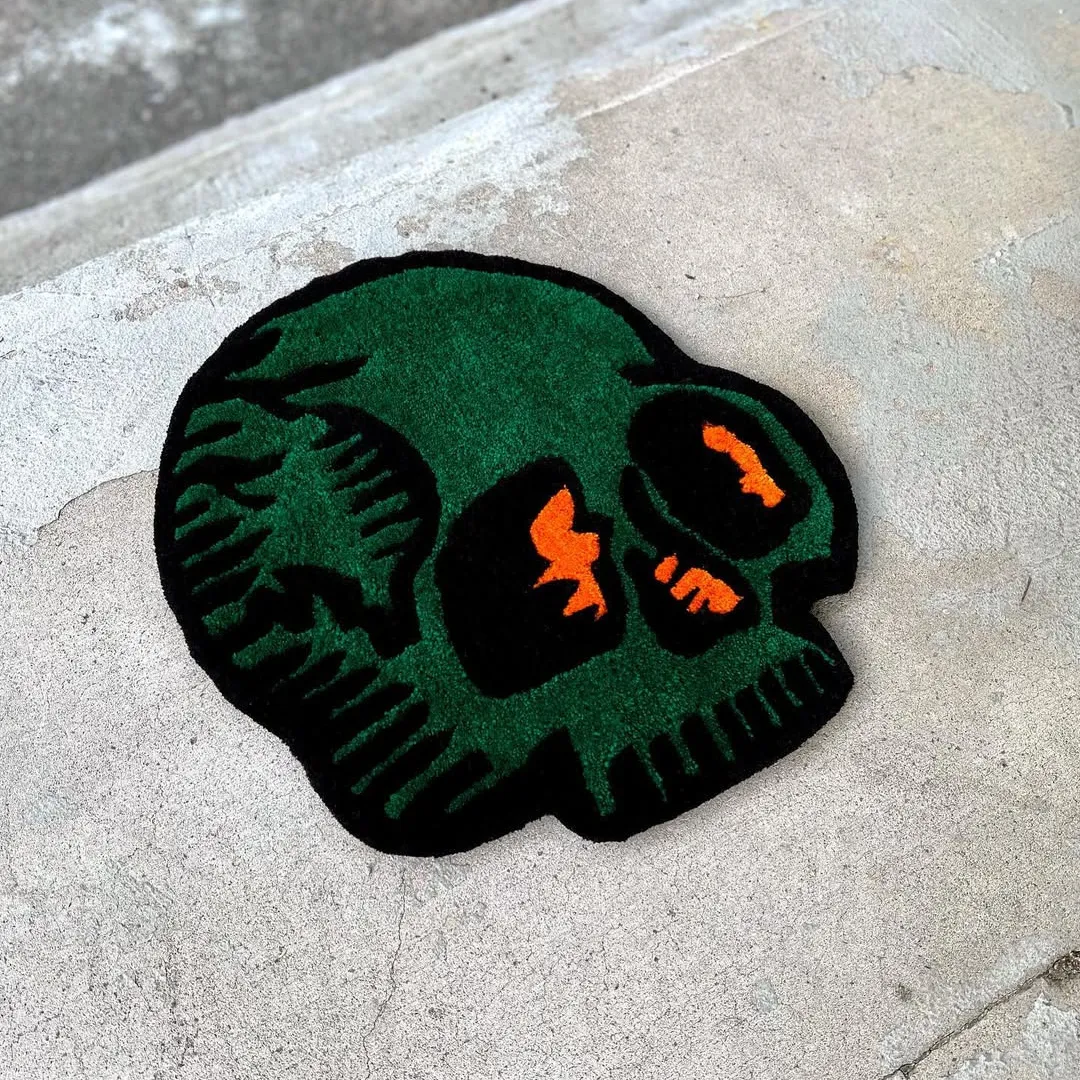 Verdant Skull Inked Rug Tattoo-inspired green skull rug with bold orange details – Verdant Skull Rug