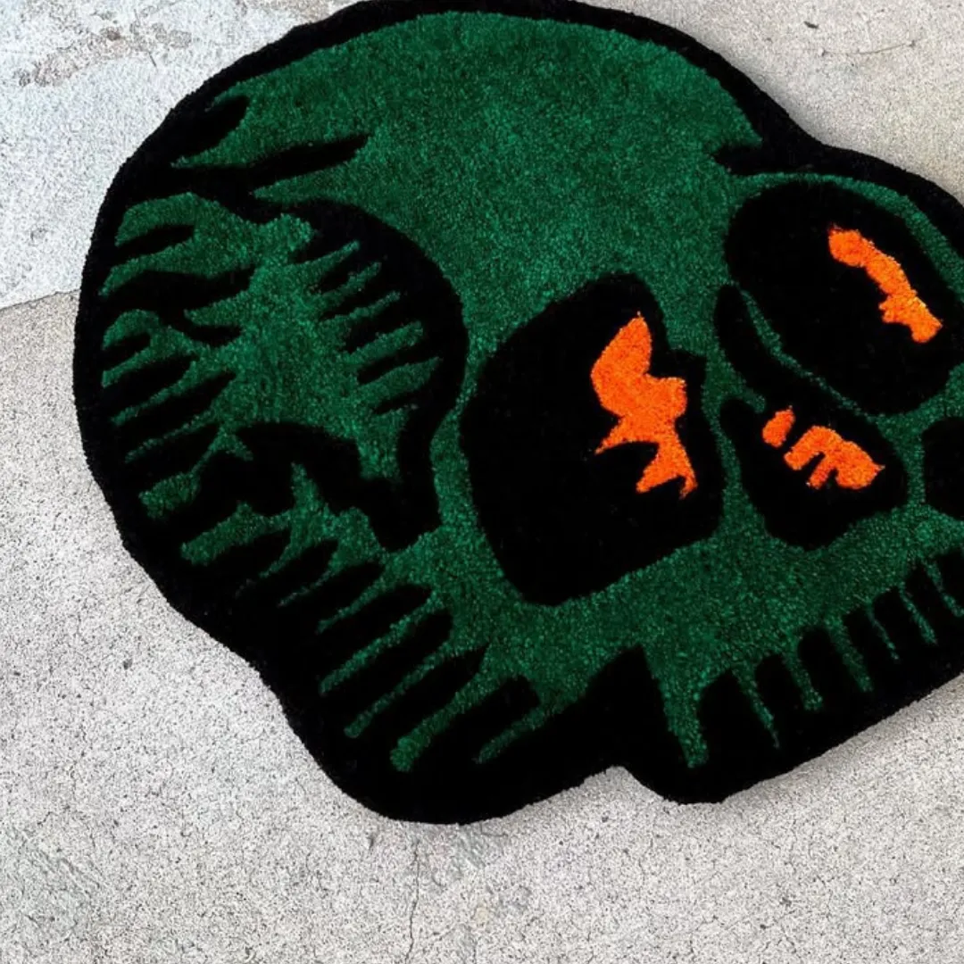 Verdant Skull Tattoo Rug Hand-tufted wool rug showcasing gothic skull design in green and black – Verdant Skull Rug by Sneagear