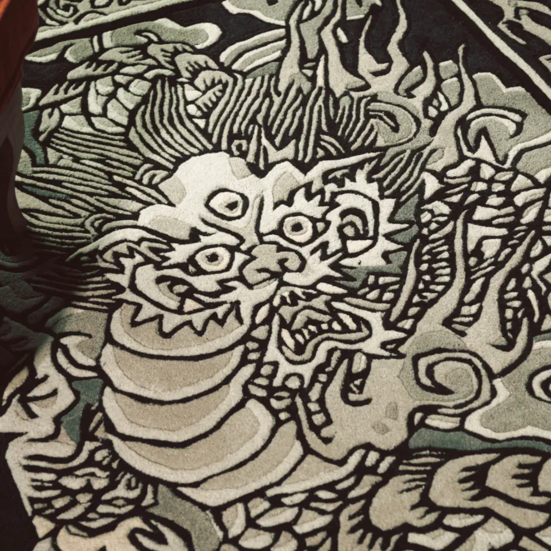 Viper Rug Bold dragon motif rug with flame and lotus border – Lunar Viper hand-tufted area rug