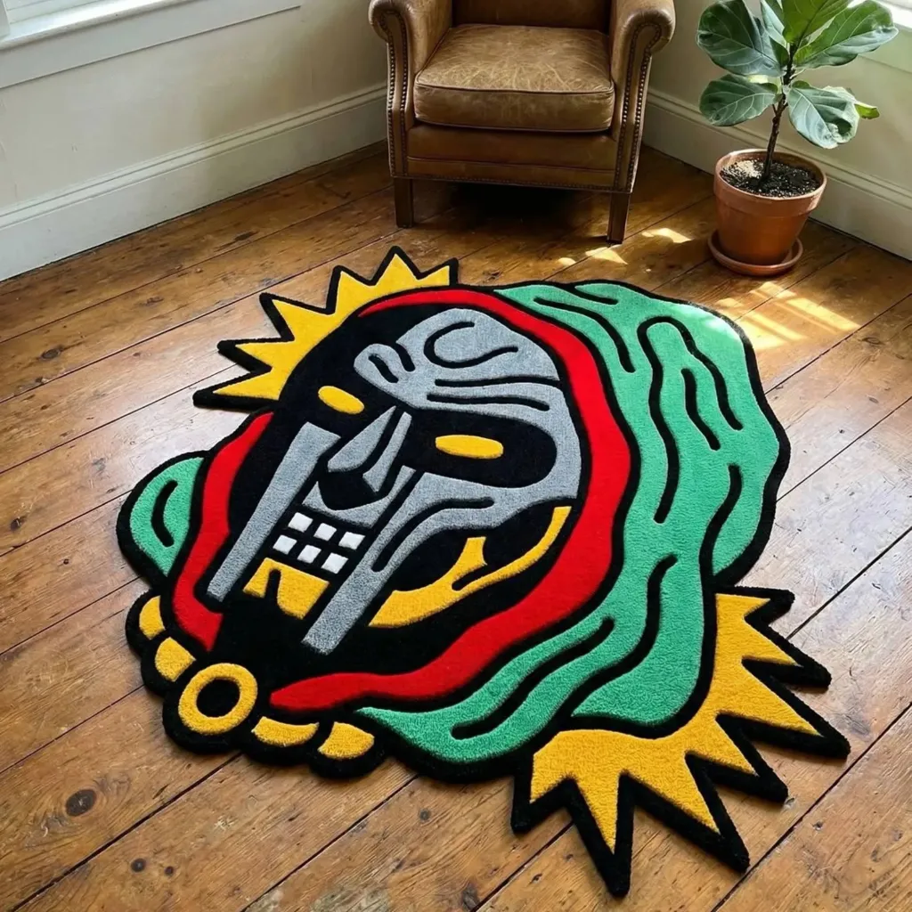 Graffiti Deity Custom Shape Hand Tufted Wool Rug High angle view of the custom shaped Graffiti Deity rug featuring a vibrant mask design in green red and yellow on a wooden floor.