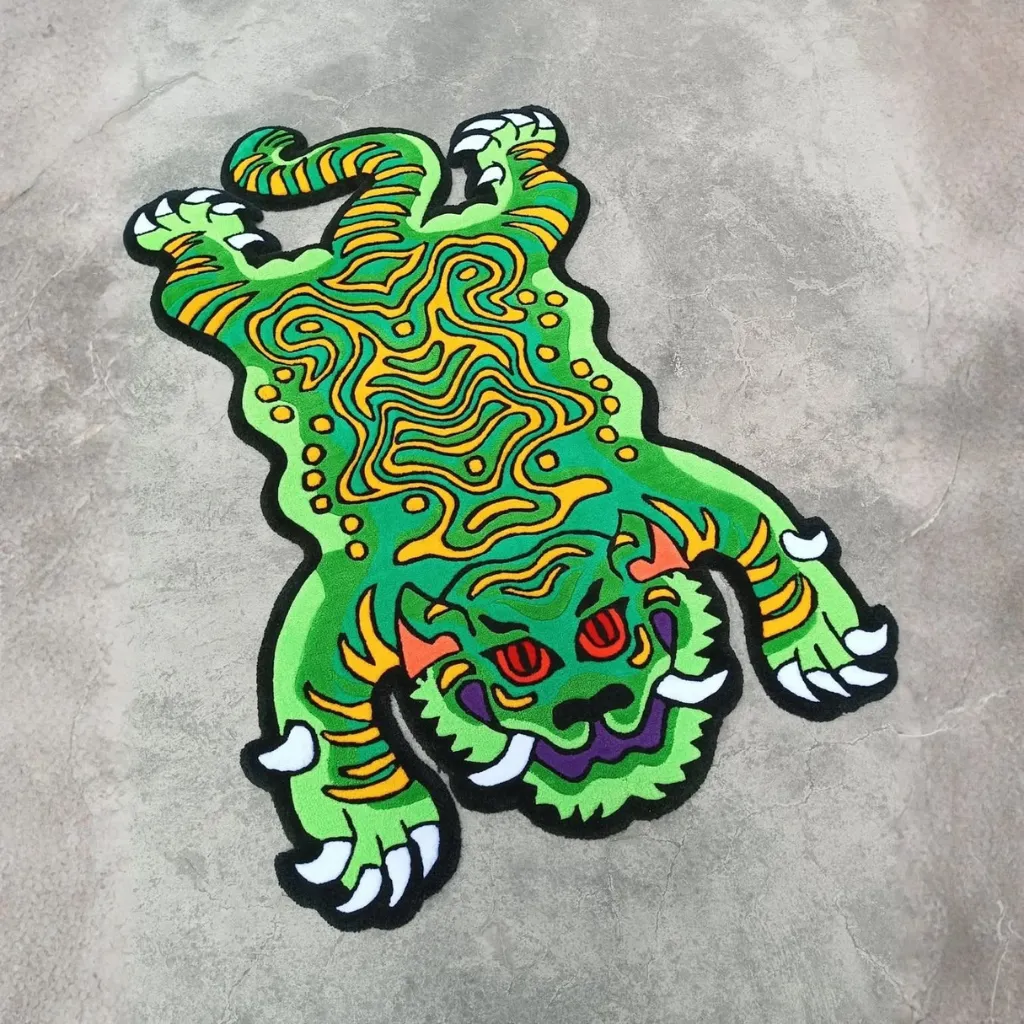 Moss Claw Inked Green Tiger Rug Full View Top down view of the custom shaped Moss Claw Inked rug featuring a stylized green tiger design with vibrant yellow and black patterns.