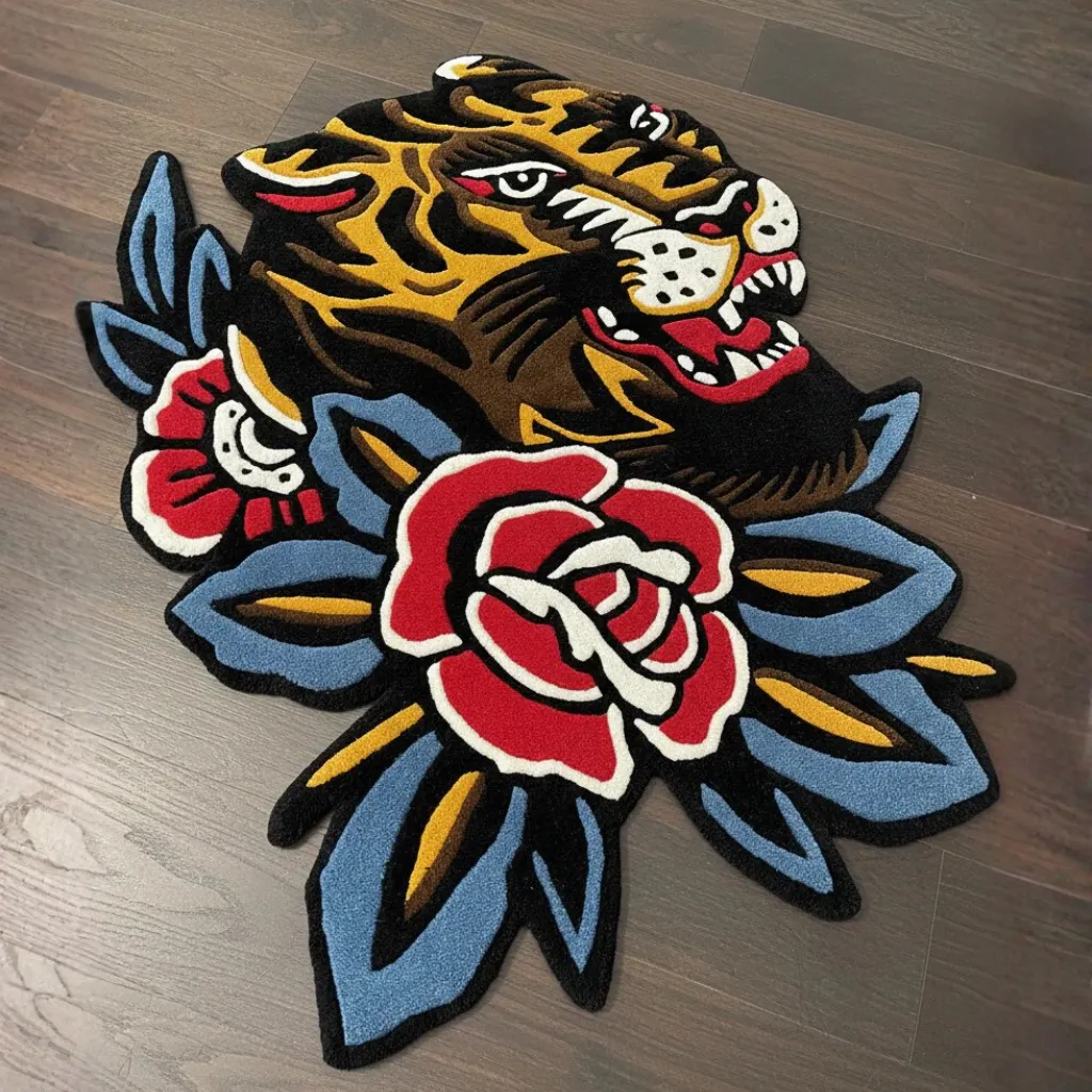 Bert Grimm Tiger Traditional Tattoo Rug Angled close up shot of the Bert Grimm Tiger rug showing the dense wool texture and the classic tattoo design of a growling tiger with a red rose.