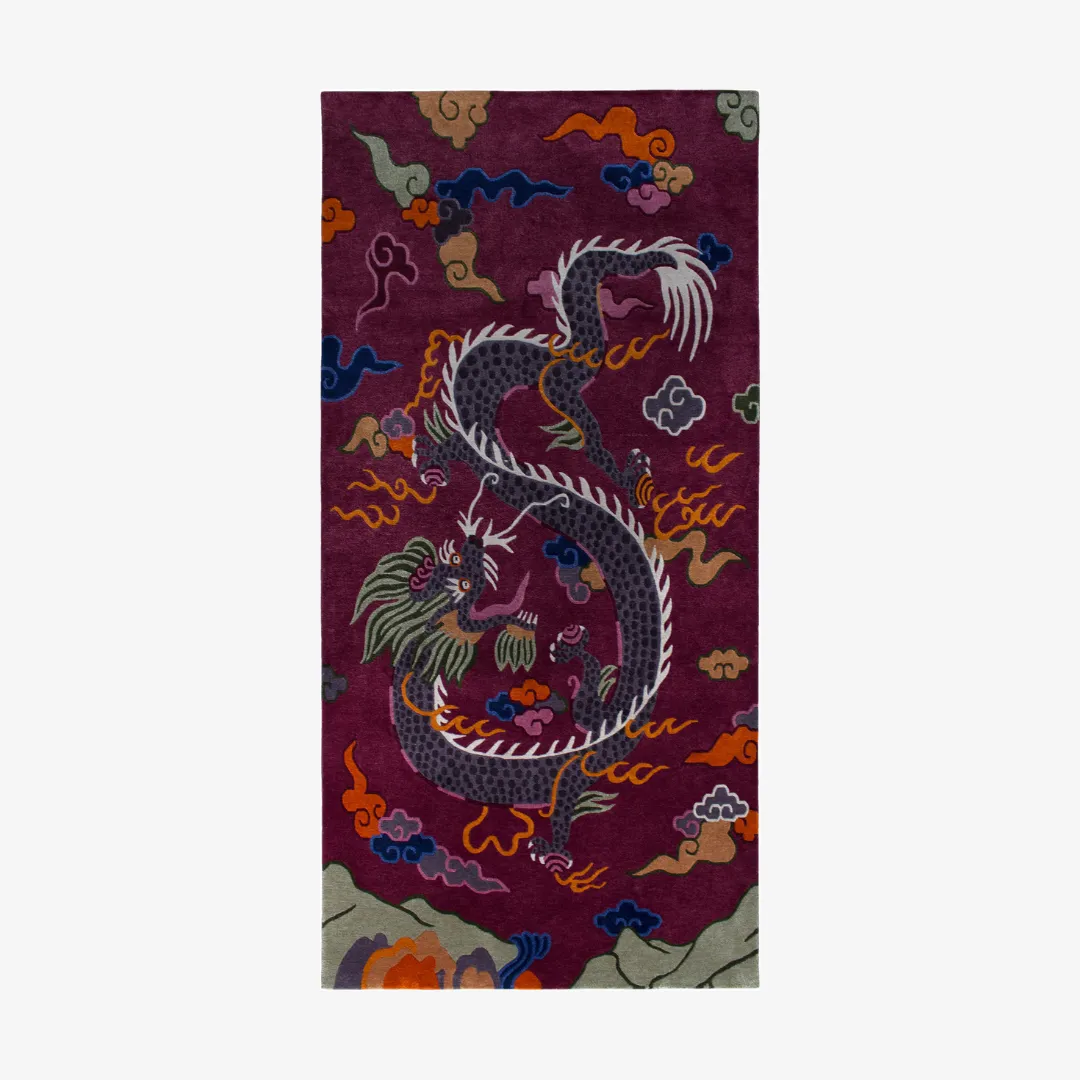 Crimson Omen Rug Chinese Dragon Flat Design Top down full view of the Crimson Omen rug featuring a winding grey dragon surrounded by colorful clouds on a deep purple wool background.