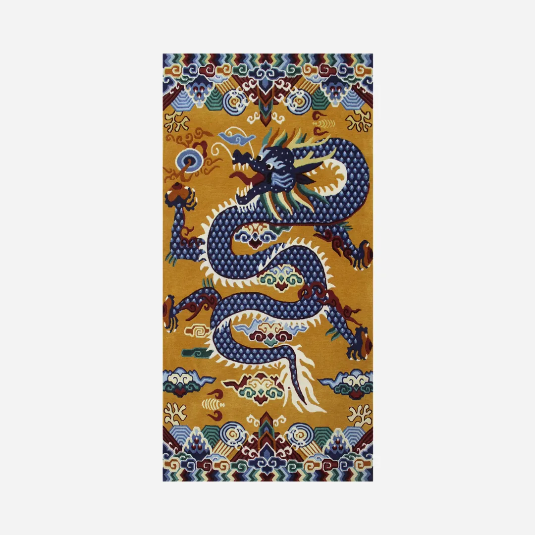 Imperial Golden Inked Rug Top down view of the Imperial Golden Inked rug featuring a majestic blue Chinese dragon winding through traditional cloud motifs on a rich yellow background.