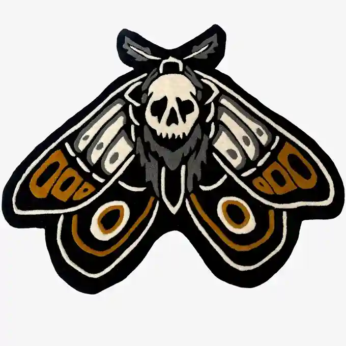 Death Moth Area Rug – Gothic Tattoo-Style Rug with Intricate Moth & Skull Design, Soft & Durable