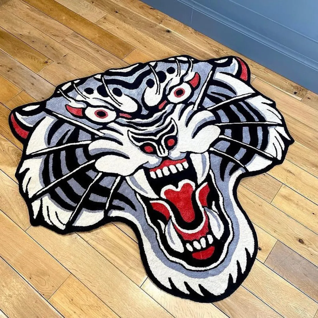 Gray Tiger Tattoo Rug Made from New Zealand Wool Placed in Customer House.