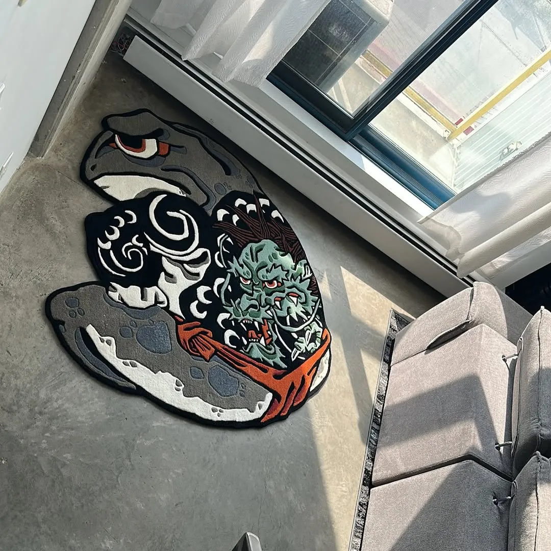 Kaeru Green Tattoo Rug Made from New Zealand Wool Placed in Customer House.