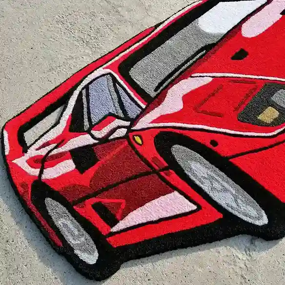 Hand-tufted supercar rug designed for garage and home decor