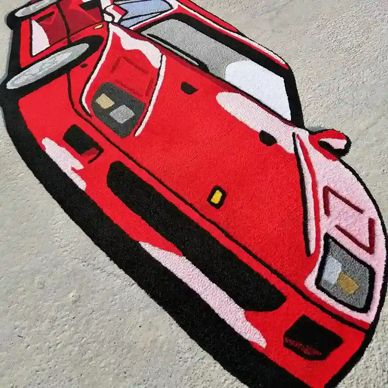 Hand-tufted supercar rug designed for garage and home decor