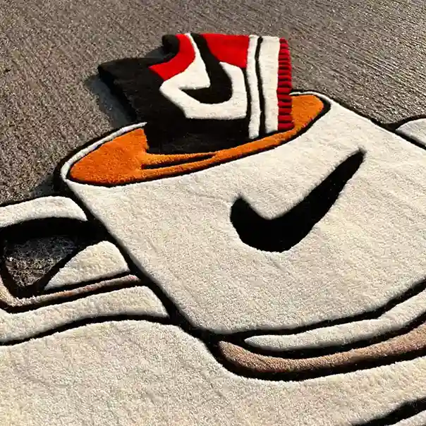 Custom Bred Sneaker Rug in black and red, hand-tufted design for hype decor