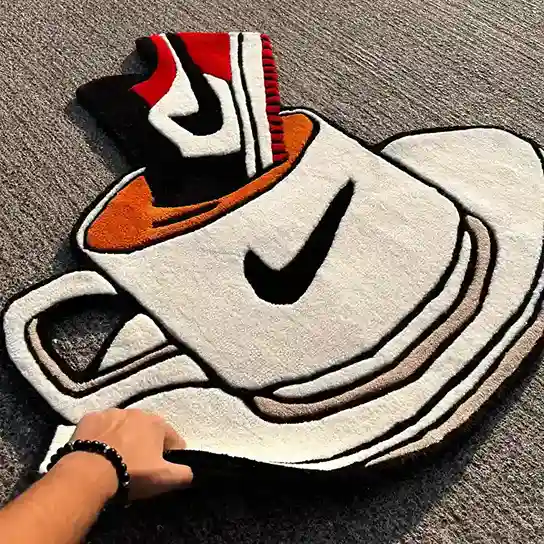 Sneakerhead room decor with Bred color sneaker rug