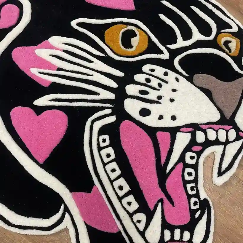 Vibrant Pink Panther Head Design Rug – Tattoo-Inspired
