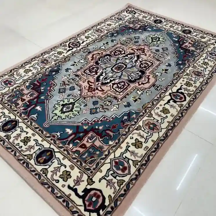 Vintage Floral Blue Hand-Tufted Rug with floral design and soft wool texture