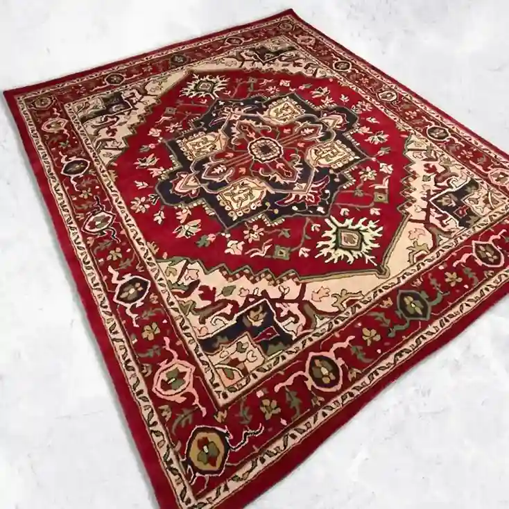 Vintage floral red rug with hand-tufted wool texture, perfect for living rooms or traditional interiors