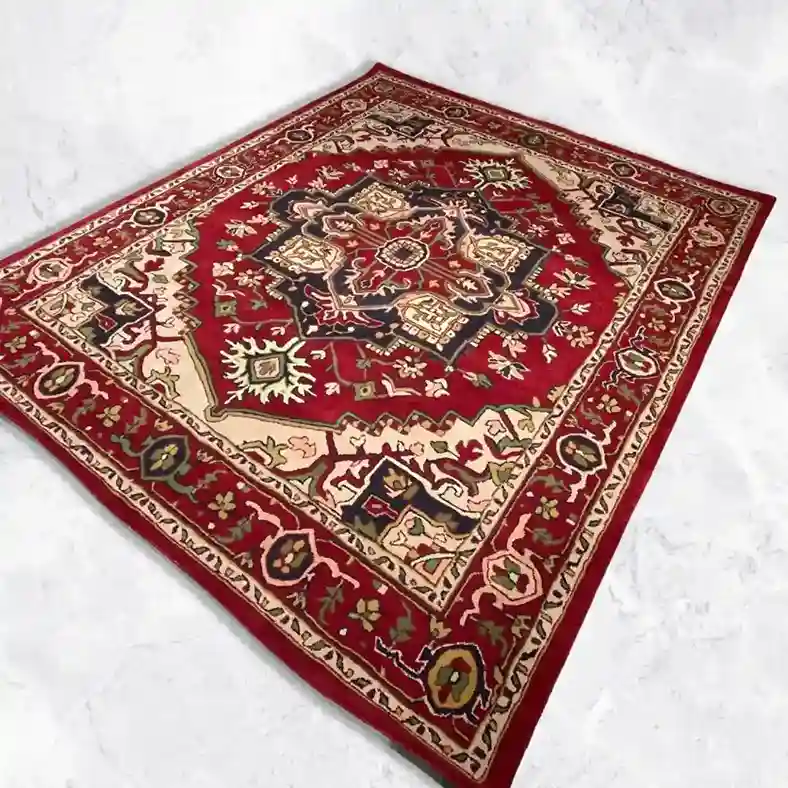 Vintage floral red rugs with hand-tufted wool texture, perfect for living rooms or traditional interiors