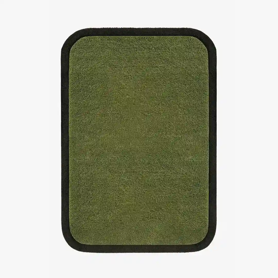 olive green wool rug with black border – hand tufted