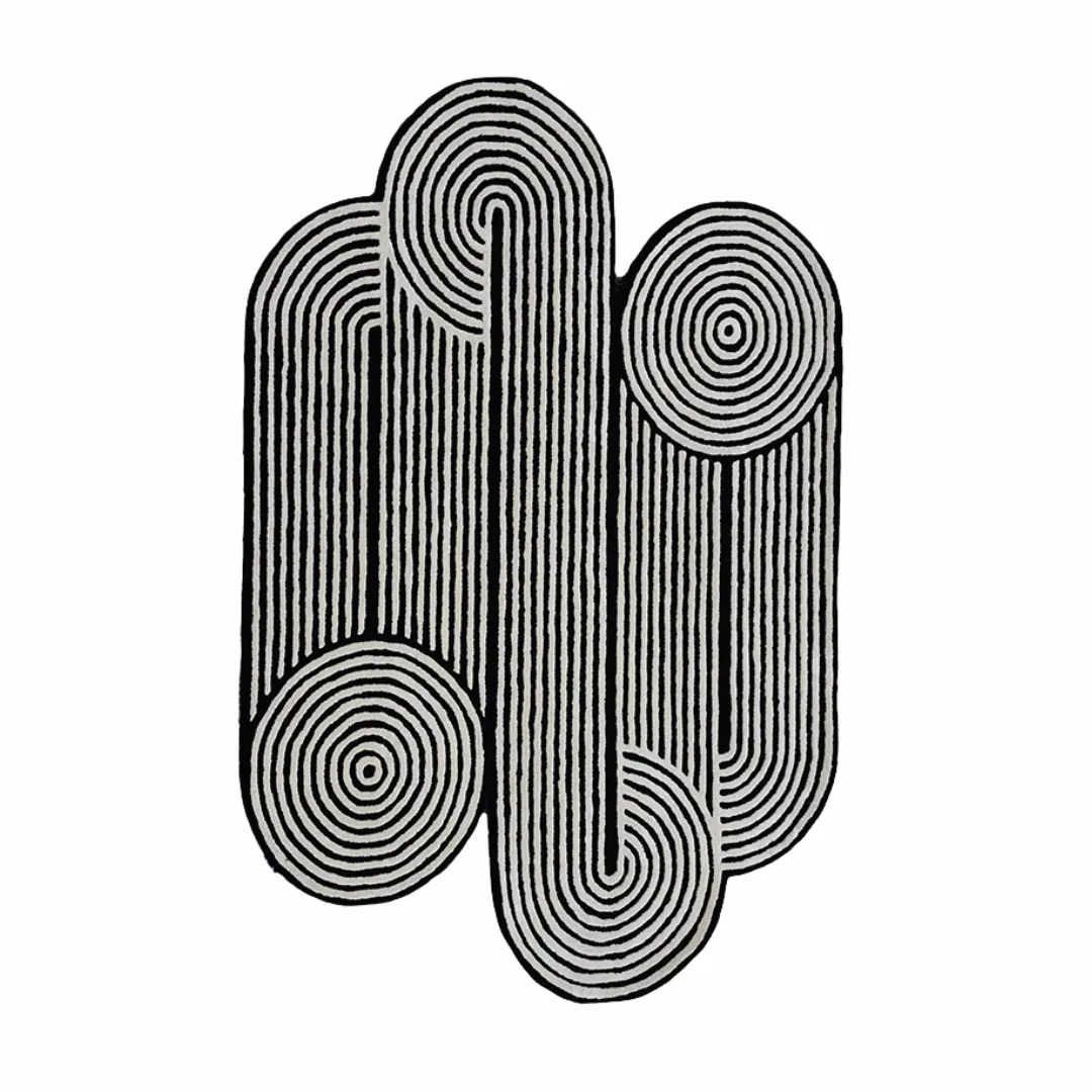 Black & White Spiral Line Hand-Tufted Rug with abstract custom shape