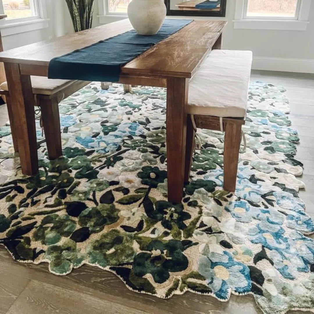 Close-up of hand-tufted wool and silk floral pattern with texture