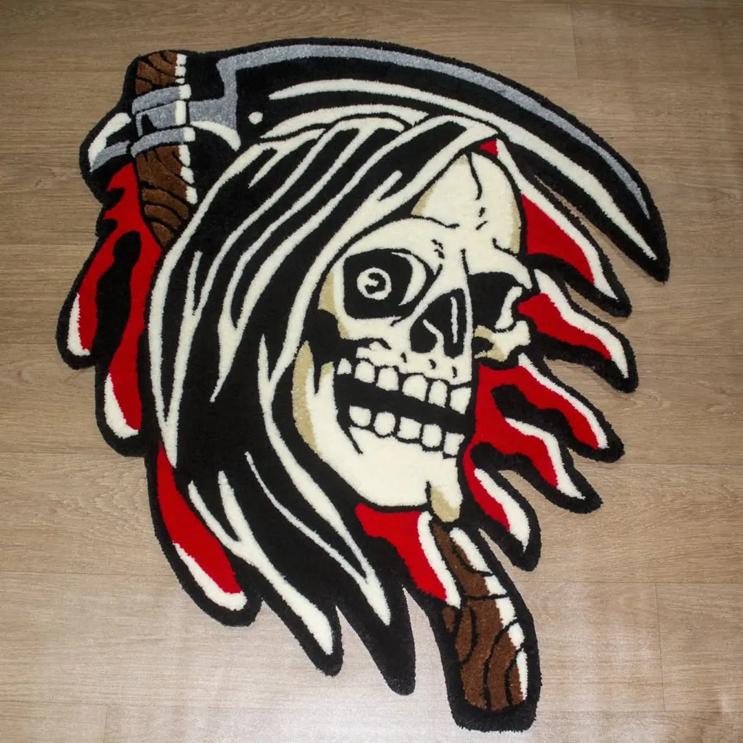 Grim reaper head rug with scythe and flaming red accents in bold tattoo style.