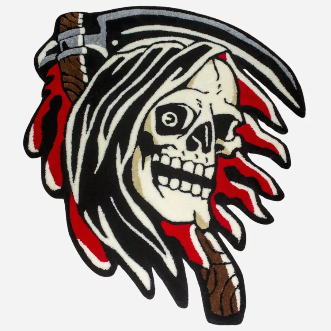 Custom-cut tufted rug featuring a grinning skeleton reaper with bold line art.