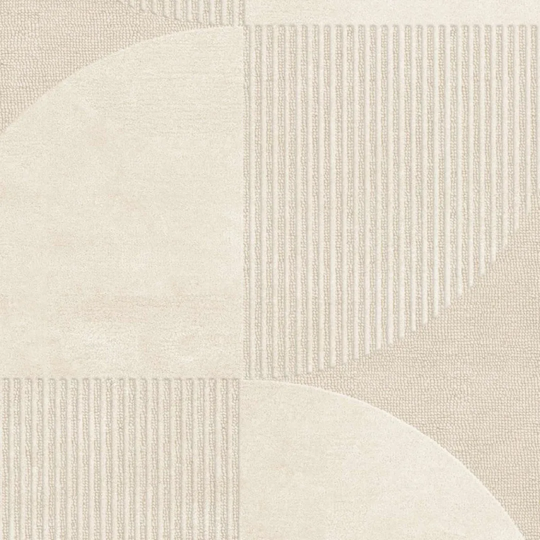 Contemporary neutral rug featuring textured arcs and stripes