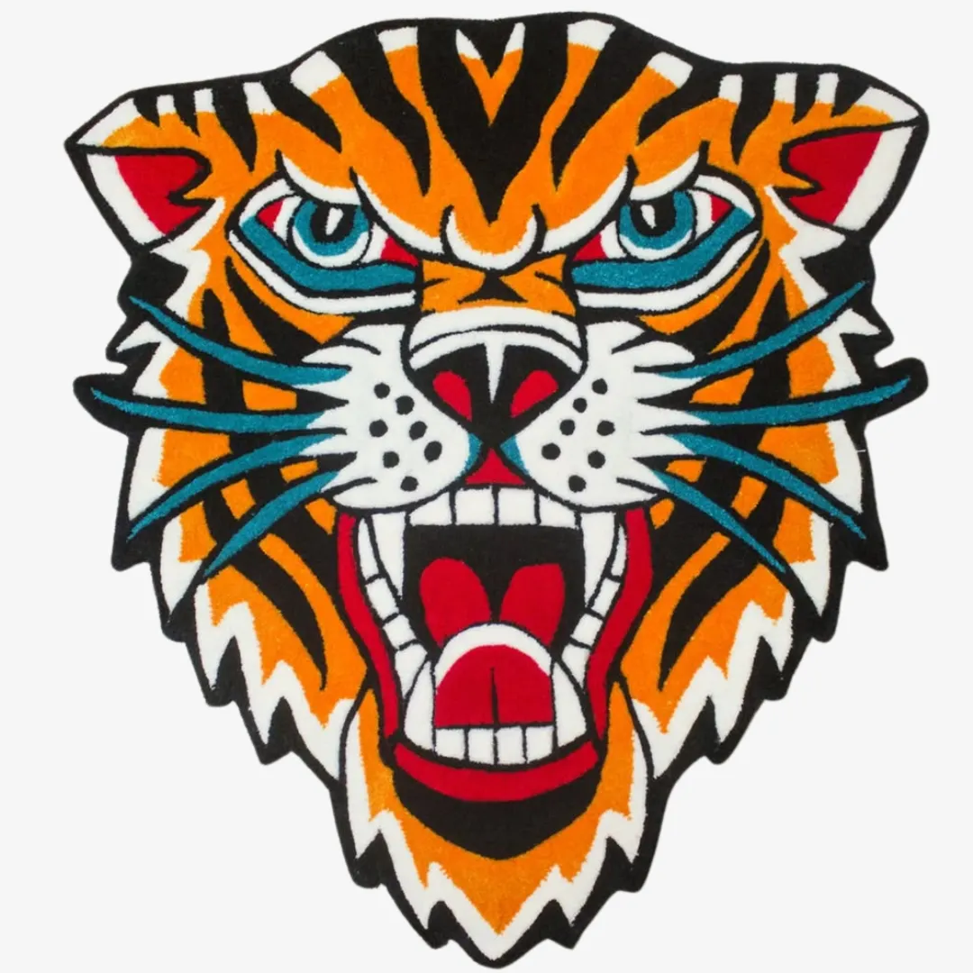 Roaring tiger head rug in orange and teal with tattoo art style