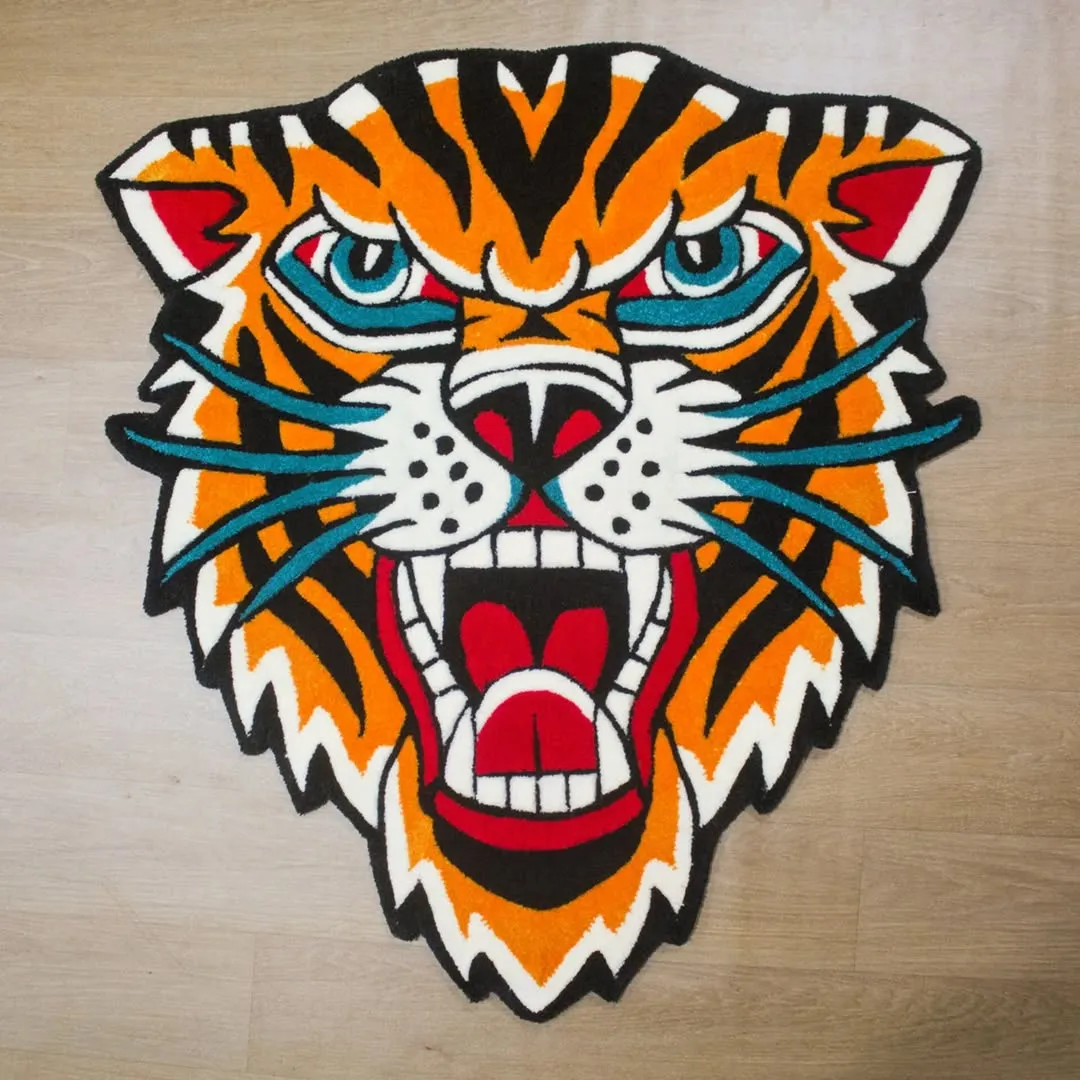 Old school tattoo-style tiger rug with open mouth and blue eyes
