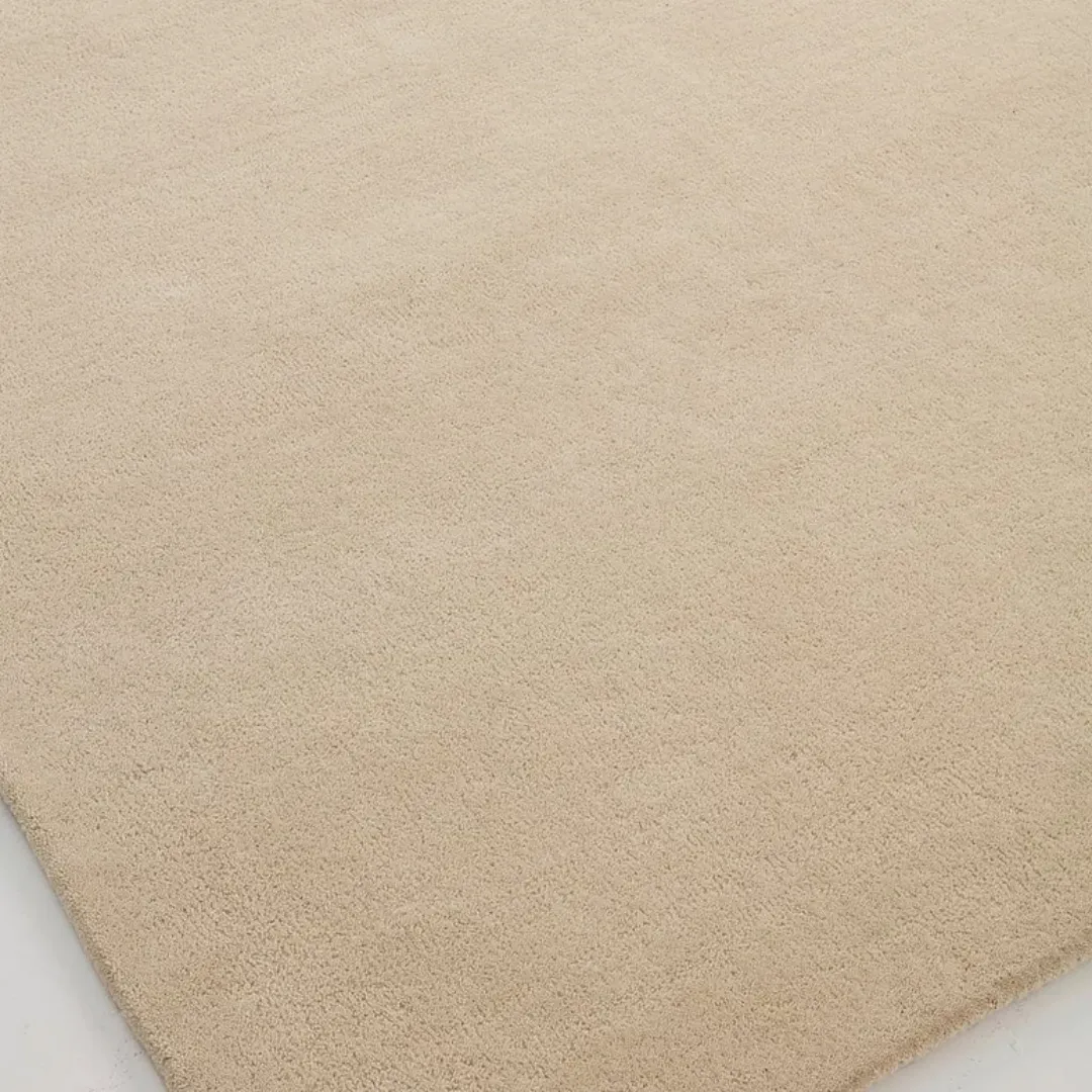 Minimalist hand-tufted beige rug in living room