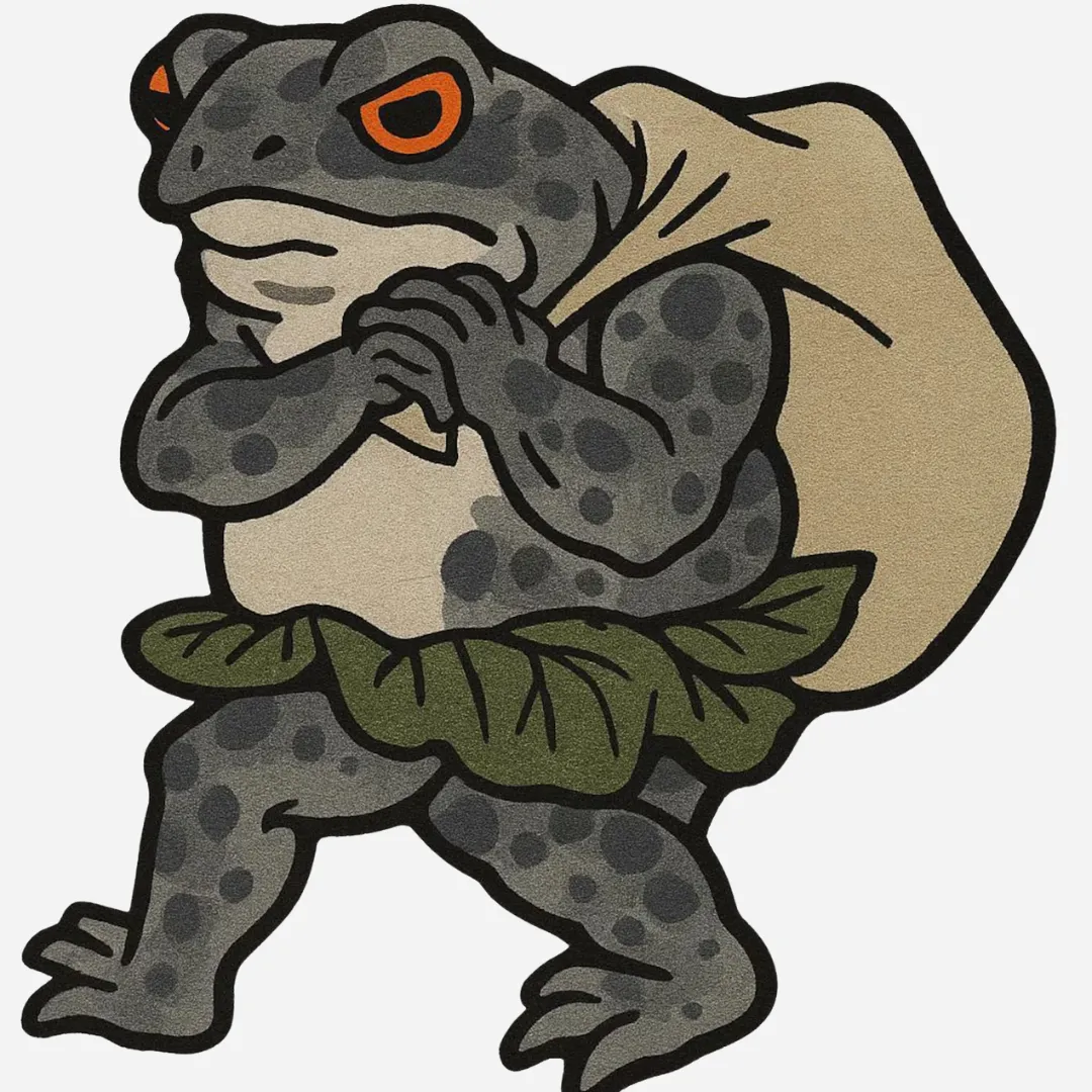 Hand-tufted cartoon frog rug with spotted body, leafy belt, and tan backpack – Backpack Frog Rug by Sneagear