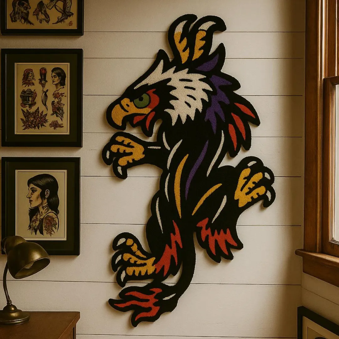 Tattoo-style phoenix rug with red, yellow, and purple bird design on a black background
