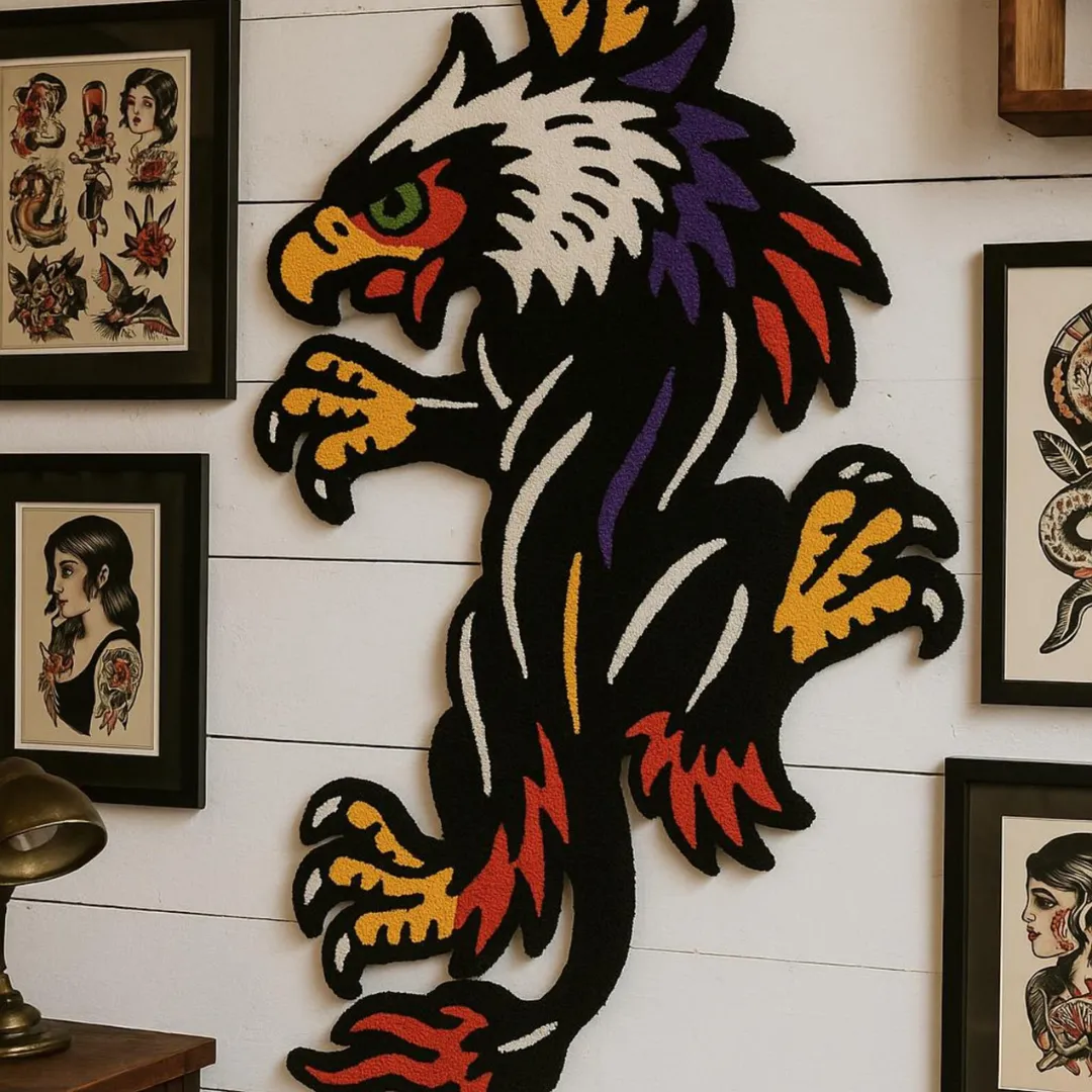 Crawling eagle phoenix rug with red, yellow, and purple bird design on a black background