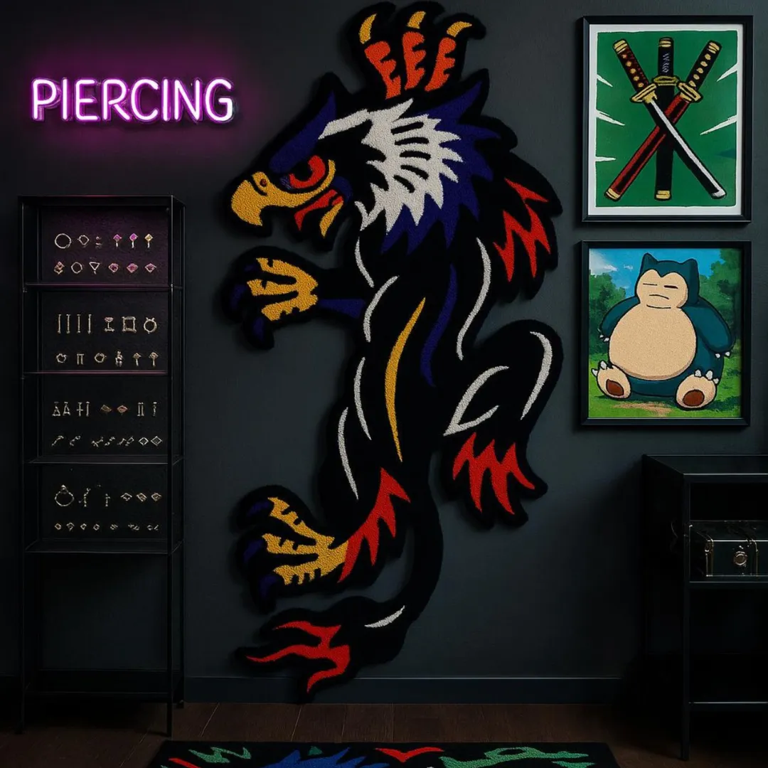 Crawling eagle tattoo rug with red, yellow, and purple bird design on a black background