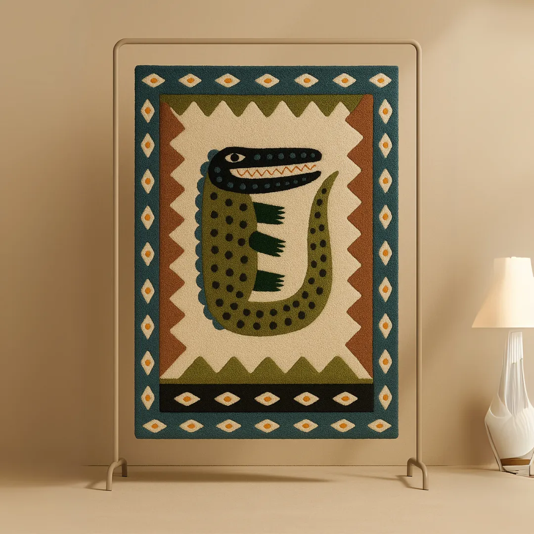 Animal-themed kids’ rug in green, brown, and beige