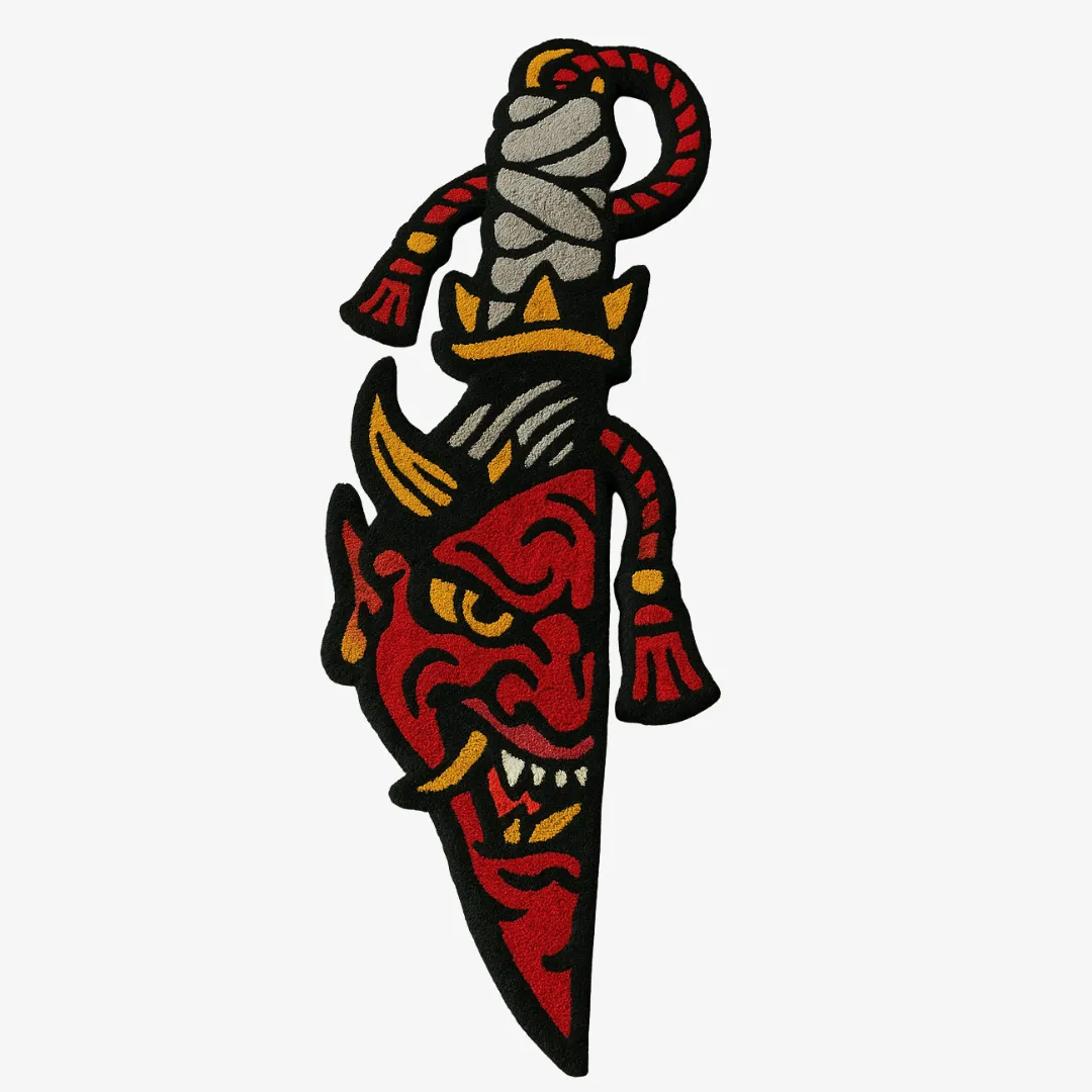 Custom-shaped rug featuring a devil face in a dagger blade design