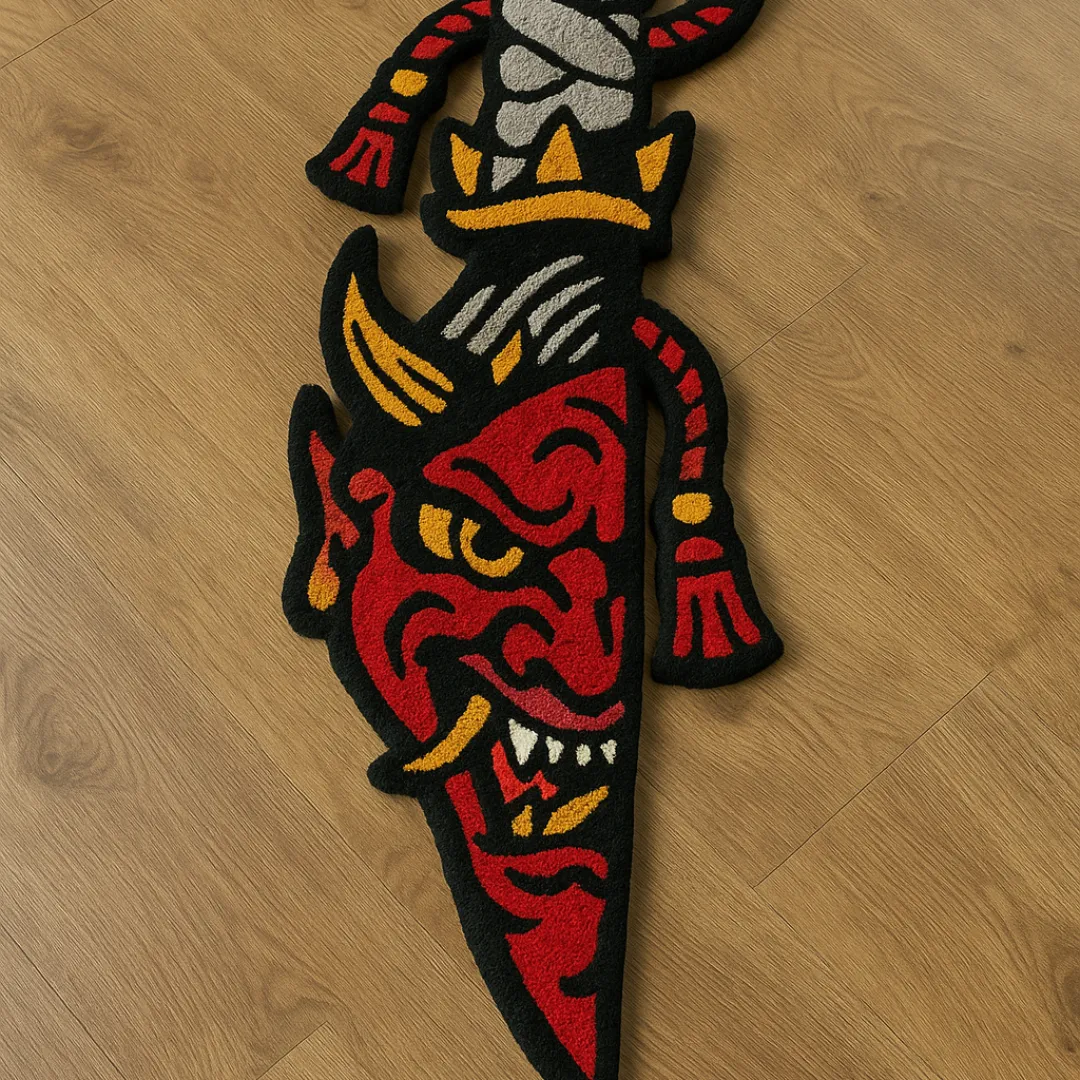 Devil dagger rug with red, black, and yellow tattoo-style detailing