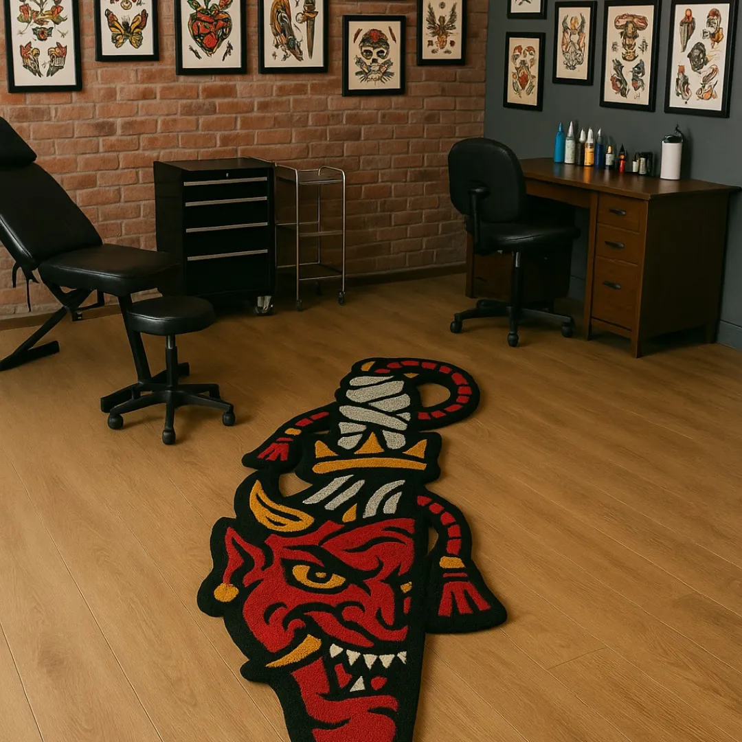 Unique devil face rug with traditional tattoo art elements