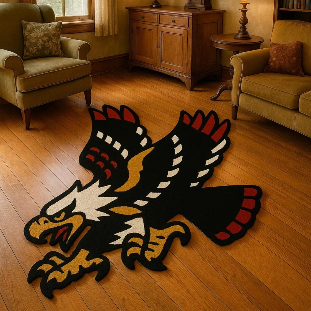 Black and red eagle rug with bold tattoo art