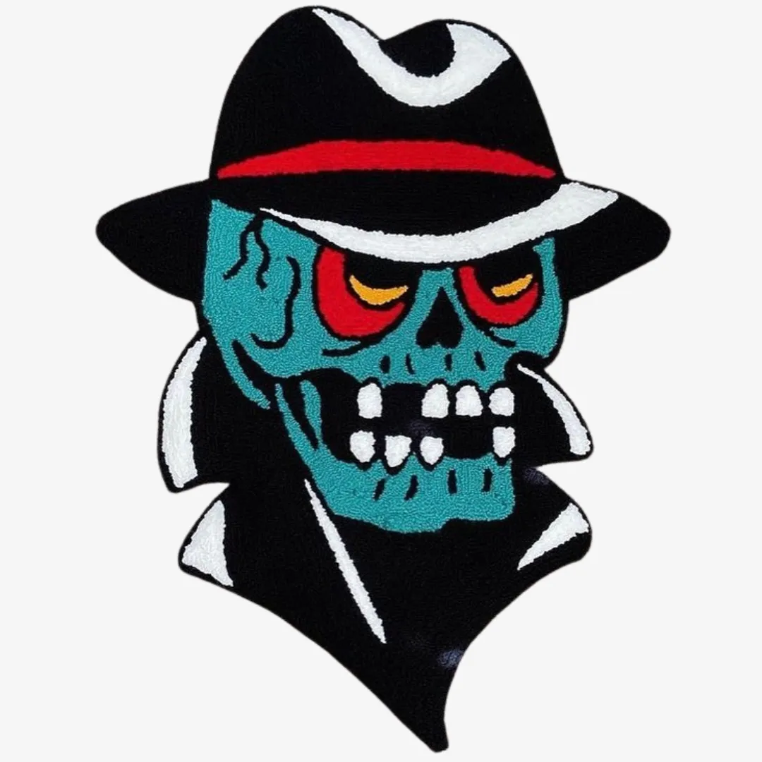 Gangster Skull Rug in comic style featuring blue skull with red eyes, black fedora hat, and suit, tattoo-inspired design