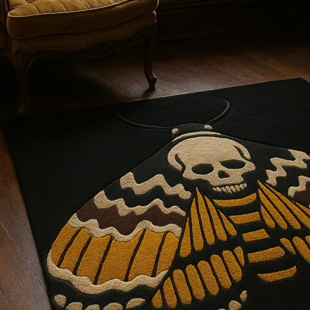 Bold skull moth design rug with yellow and black tones